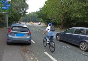 Pavement parking and a close pass of a cyclist on Victoria Avenue in Blackley Manchester